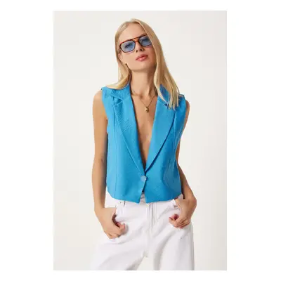 Happiness İstanbul Women's Sky Blue Buttoned Linen Vest