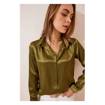 Happiness İstanbul Women's Green Lightly Draped Satin Surface Shirt