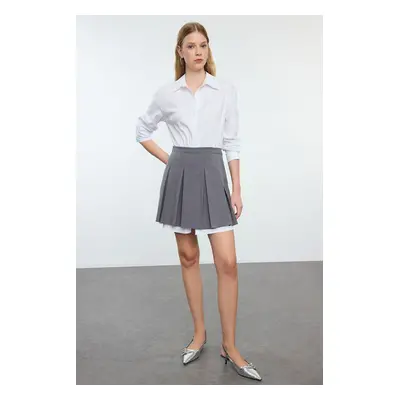 Trendyol Gray Pleated Skirt Detailed Skater/Beldan Opening Mini Woven Shirt Dress