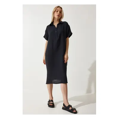 Happiness İstanbul Women's Black Polo Collar Summer Loose Muslin Dress