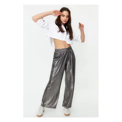 Trendyol Anthracite Foil Printed Wide Leg/Wide Cut Stretchy Knitted Trousers