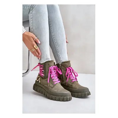 Women's Platform Ankle Boots with Lace Up Leopard Pattern Green Edidda