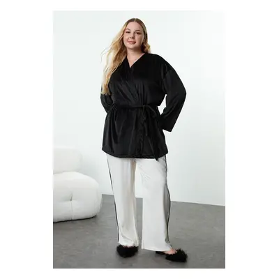 Trendyol Curve Black Belted Double Breasted Velvet Knitted Dressing Gown