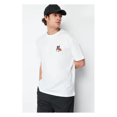 Trendyol Ecru Oversize/Wide Cut Horse/Animal Embroidered Short Sleeve 100% T-Shirt