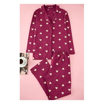 Trendyol Curve Cherry Heart Shirt Collar Knitted Pajama Set