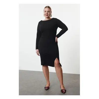 Trendyol Curve Black Square Neck Crepe Knit Plus Size Dress