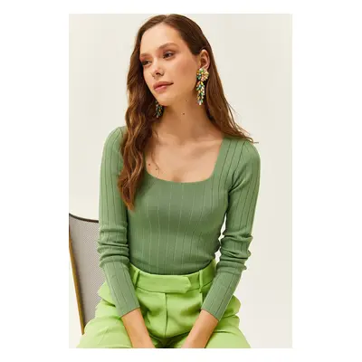 Olalook Women's Almond Green Square Neck Thick Ribbed Knitwear Blouse