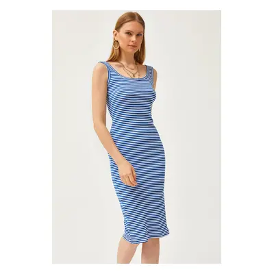 Olalook Women's Striped Saks Blue Thick Strap Lycra Midi Dress