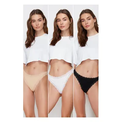 Trendyol Black-White-Skin 3-Pack Cotton Ribbed Lace String Knitted Panties