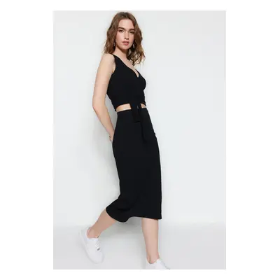 Trendyol Black Tie Detail, Crop Corduroy, Flexible Knit Top-Upper Set