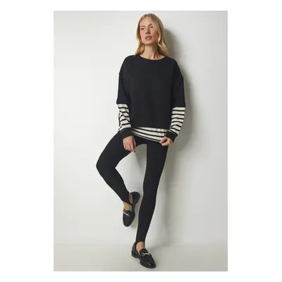 Happiness İstanbul Women's Black Striped T-Shirt Patch Knitted Sweatshirt