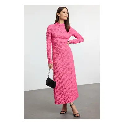 Trendyol Fuchsia Plain Textured Stand Collar A-Line Flexible Maxi Knit Dress