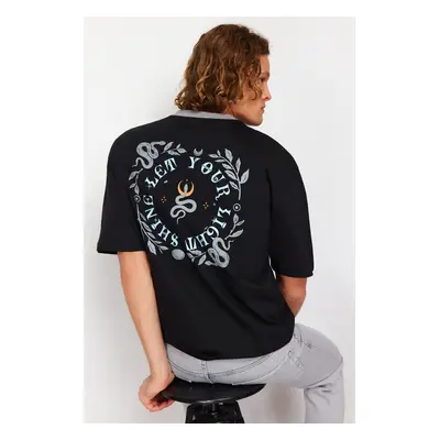 Trendyol Black Oversize/Wide Cut Mystic Print Contrast Collar Ribbed 100% Cotton T-Shirt