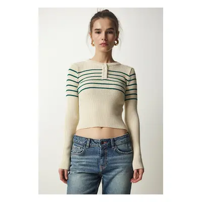 Happiness İstanbul Women's Cream Green Buttoned Collar Ribbed Crop Knitwear Blouse