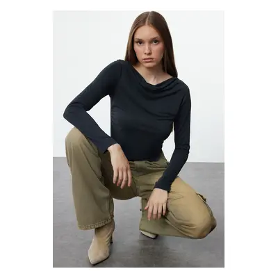 Trendyol Anthracite Modal Fabric Lace Collar Draped Padded Asymmetrical Knitted Blouse