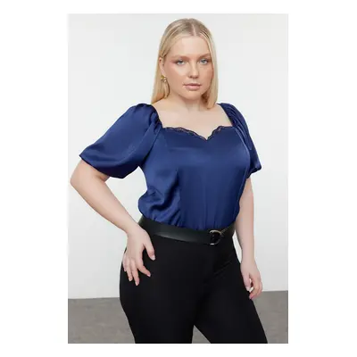 Trendyol Curve Navy Blue Satin Woven Plus Size Blouse