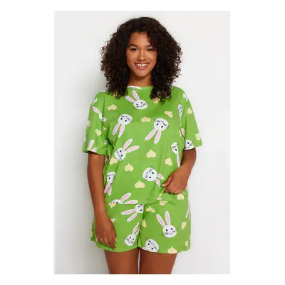 Trendyol Curve Green Rabbit Printed Cotton Knitted Pajamas Set