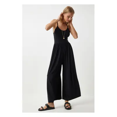 Happiness İstanbul Women's Black Strap Wide Leg Summer Knitted Jumpsuit