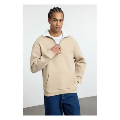 Trendyol Beige Oversize/Wide Cut Stand Collar Zippered Polar Fleece Inside/Warm Sweatshirt