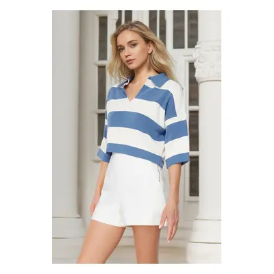 Trendyol Indigo Crop Polo Neck Basic Striped Knitwear Sweater