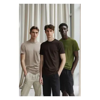 Trendyol Dark Brown-Mink-Khaki Slim/Slim Cut Crew Neck 100% Cotton 3-Pack T-Shirt