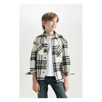 DEFACTO Boy Oversize Wide Pattern Polo Collar Flannel Pocket Plaid Long Sleeve Shirt