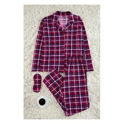 Trendyol Burgundy Plaid Soft Feeling Brushed Fabric Sleep Band Knitted Pajama Set