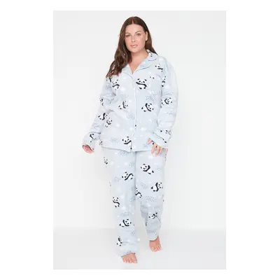 Trendyol Curve Blue Shirt Collar Panda Patterned Knitted Pajama Set