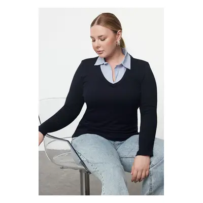 Trendyol Curve Navy Blue Shirt Collar Detailed Jersey Knit Plus Size Blouse