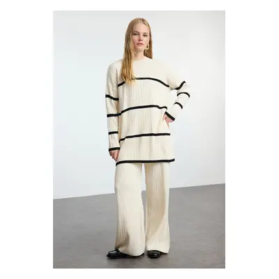 Trendyol Cream Striped Corduroy Knitwear Bottom-Top Set