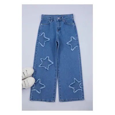 Trendyol Blue Geometric Cotton Denim Pants