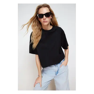 Trendyol Black 100% Cotton Cutout Detailed Relaxed Crop Knitted T-Shirt