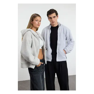 Trendyol Grey Oversize/Wide Cut Zipper Pocket Couple Plush Sweatshirt