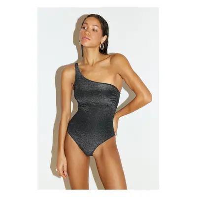 Trendyol Black One Shoulder Glitter Regular Swimsuit