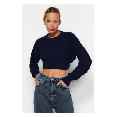 Trendyol Navy Blue Super Crop Crew nyakú kötöttáru pulóver