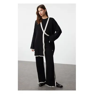 Trendyol Black Striped Oversize Knitwear Cardigan Trousers Top and Bottom Set