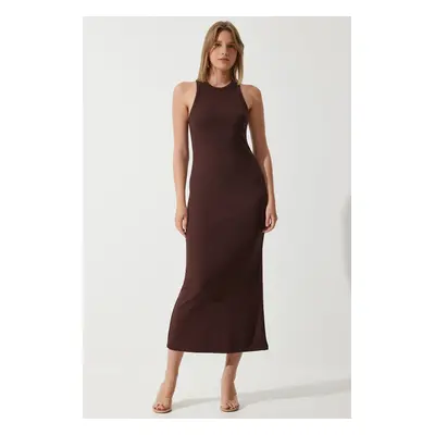 Happiness İstanbul Women's Brown Halter Neck Summer Steel Knitted Long Dress