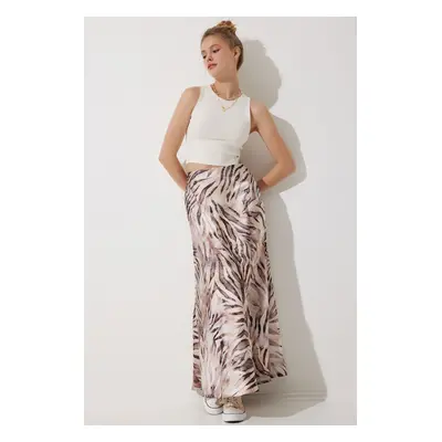 Happiness İstanbul Women's Brown Cream Patterned Satin Surface Skirt