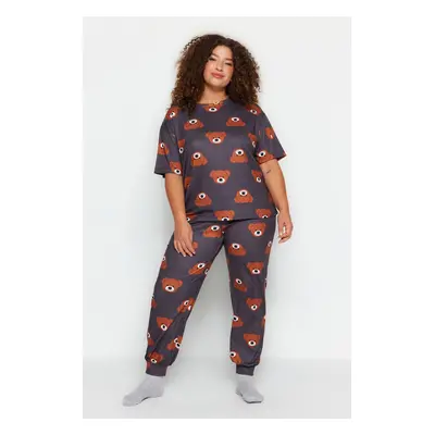 Trendyol Curve Gray Teddy Bear Patterned Knitted Pajamas Set