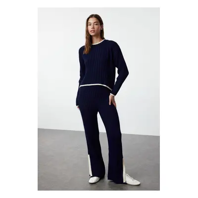 Trendyol Dark Navy Crop Ribbed Color Block Knitwear Bottom-Top Set