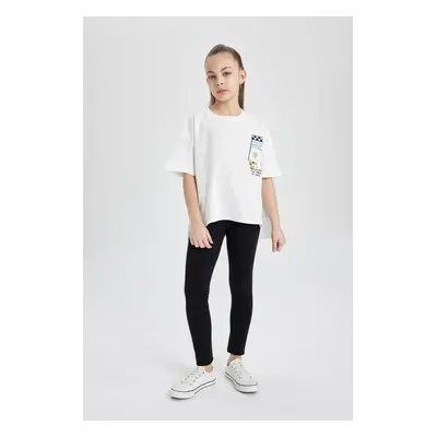 DEFACTO Girl 2-Piece Set Crew Neck Printed Short Sleeve T-Shirt Basic Plain Tights