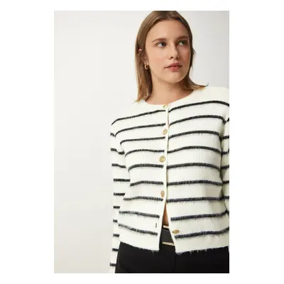 Happiness İstanbul Women's Bone Black Stylish Buttoned Striped Knitwear Cardigan