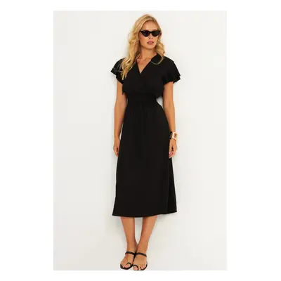 Cool & Sexy Women's Black Wrap Double Breasted Midi Dress