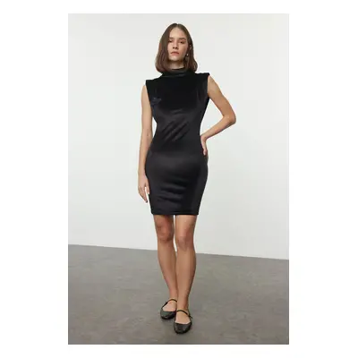 Trendyol Black Plain Velvet Zero Sleeve High Collar Padded Fitted Mini Knitted Dress