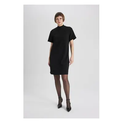 DEFACTO A-Line Half Turtleneck Basic Plain Short Sleeve Mini Black Dress