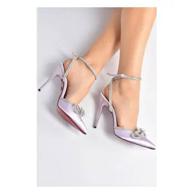 Fox Shoes Women's Heeled Shoes with Lilac Satin Fabric and Stones