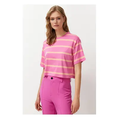 Trendyol Pink Striped Relaxed Crop Stretchy Knitted T-Shirt