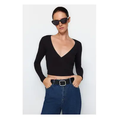 Trendyol Black Deep Double Breasted Collar Lace Detailed Long Sleeve Crop Cotton Stretchy Knitte