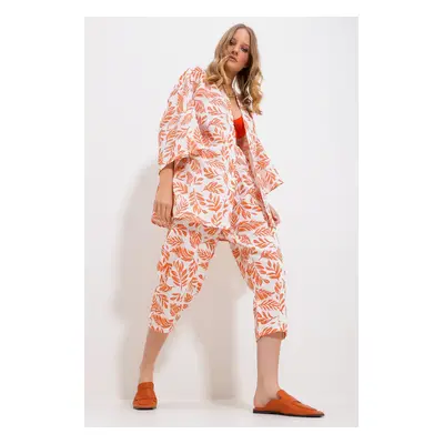 Trend Alaçatı Stili Women's Orange Patterned Kimono With Jacket And Trousers Linen Woven Bottom 