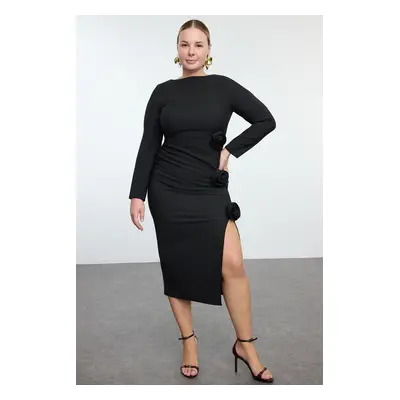 Trendyol Curve Black Boat Neck Maxi Slit Rose Woven Plus Size Dress